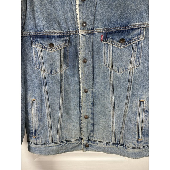 Levi's Men's Denim Jacket L Sherpa Lined Snap Front Collared Blue‎ Trucker EUC - Picture 3 of 8